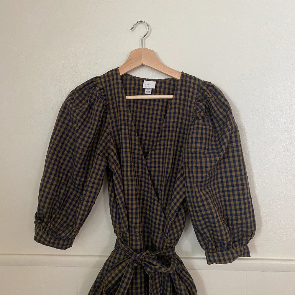 a new day | Olive and navy gingham wrap dress